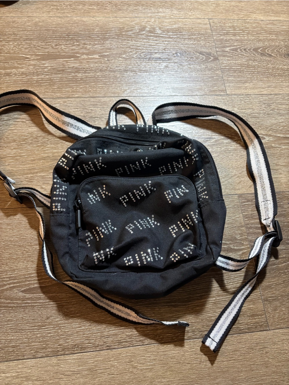 PINK Victoria's Secret Black Mini Backpack with Striped Straps